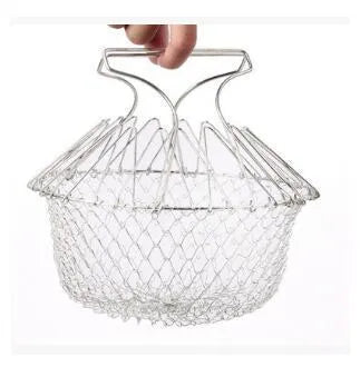 Stainless steel foldable frying basket with square grid design and handle