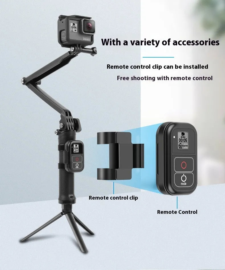 Black folding tripod with GoPro camera bracket shown extended for use and folded for storage