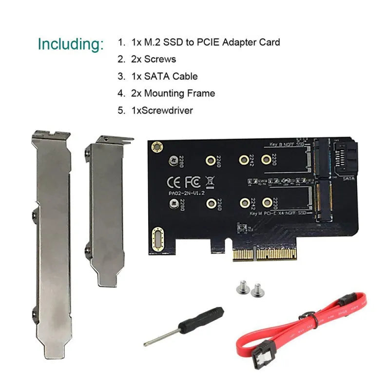 Black M.2 SSD adapter card with two M.2 B Key and M Key slots on PCIe X4 board