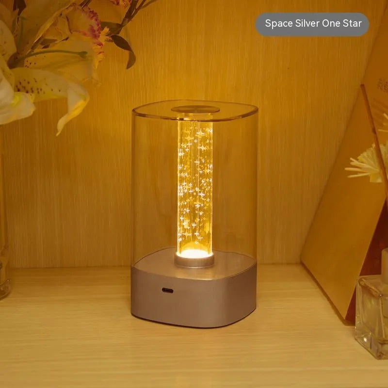 USB rechargeable LED touch atmosphere lamp in rose gold finish with abstract patterned shade