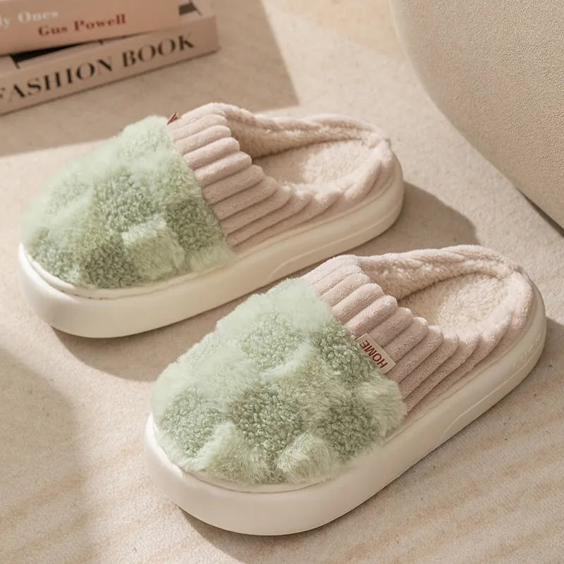 Women's plush indoor slipper in a choice of colours, showing round toe design, coral velvet upper, and textured non-slip PVC sole.