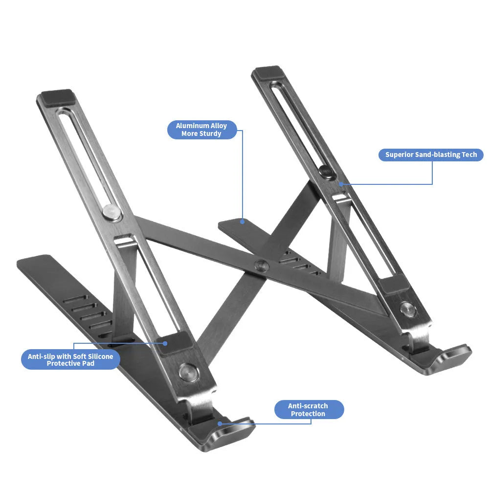 Silver aluminium laptop stand with six height positions beside a black laptop