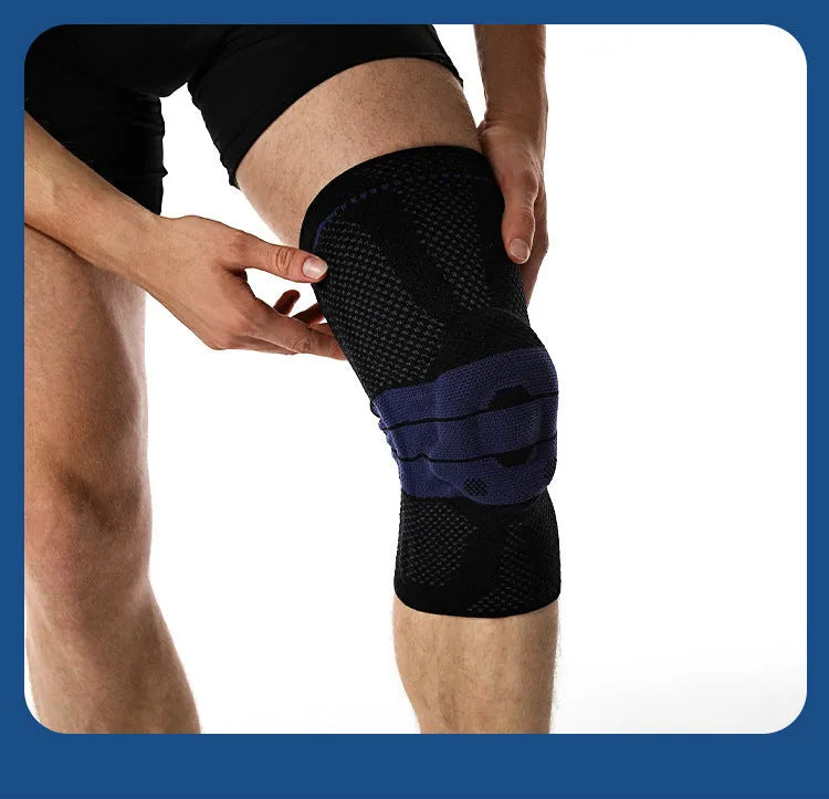 Black and blue adult sports knee pad for basketball and running protection.