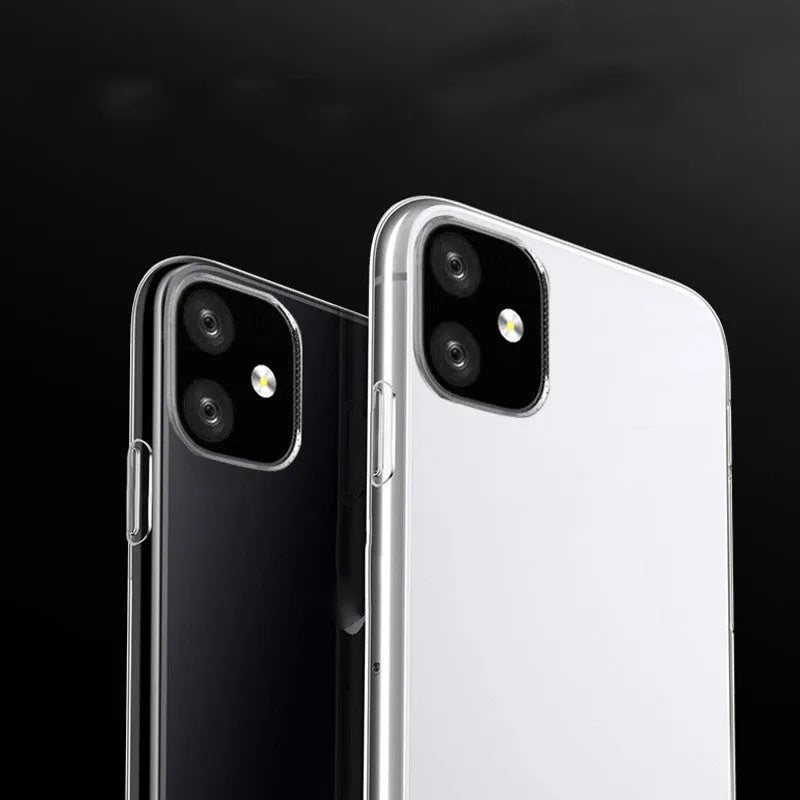 Transparent flexible TPU soft shell protective case for iPhone on a white background