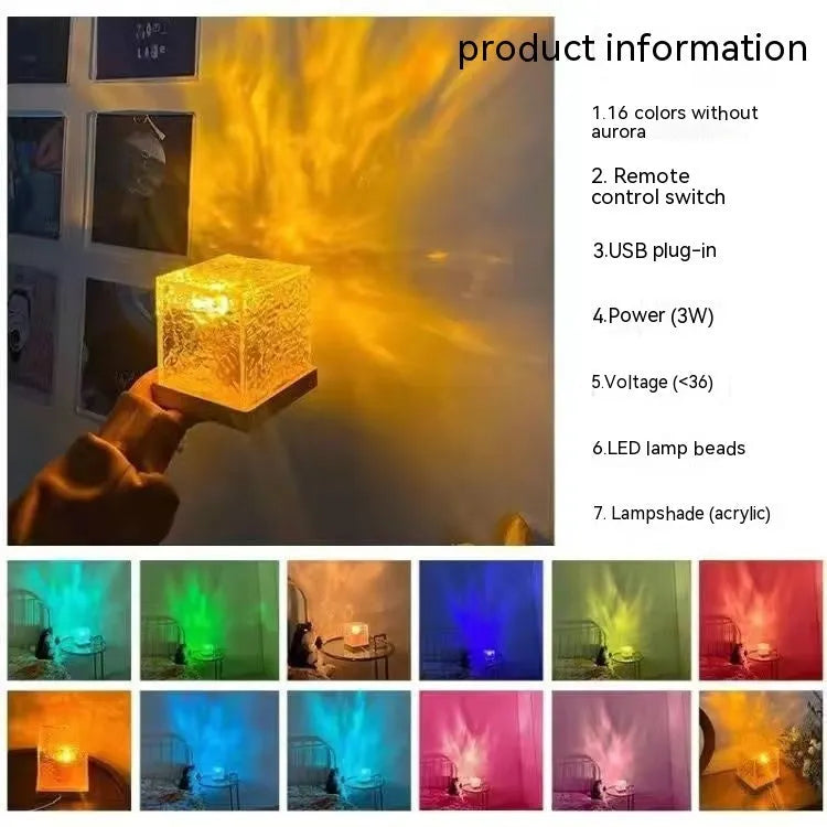 Rotating crystal table lamp projecting blue water ripple light pattern on wall
