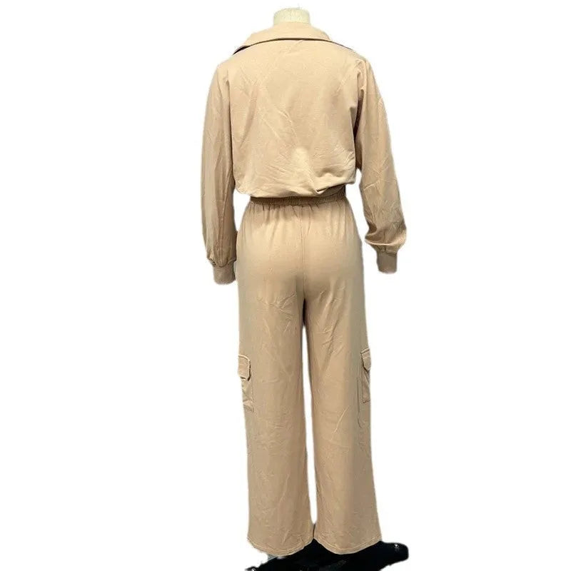 Light camel women's lapel top and wide-leg trousers two-piece workwear set on a hanger.
