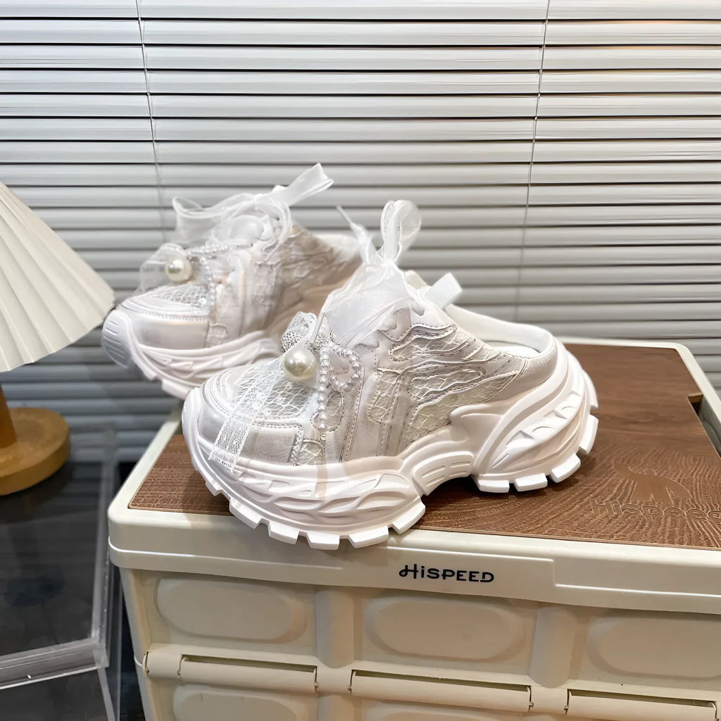 Pearl lace bow daddy shoes in purple or white with first layer cowhide upper and 5-8cm muffin heel