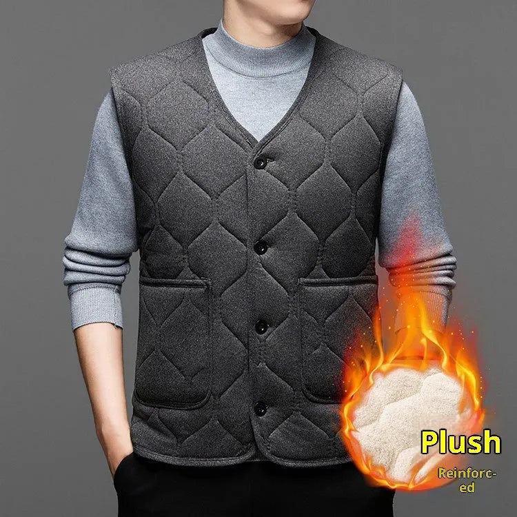 Men's fleece-lined cotton blend vest in black or grey, sleeveless cardigan style, sizes M to 4XL
