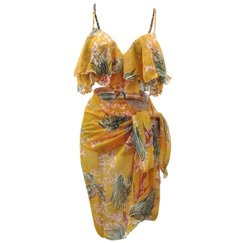 Women's push up one-piece triangle swimsuit with veil belt in pink floral, matching men's shorts, couple beachwear