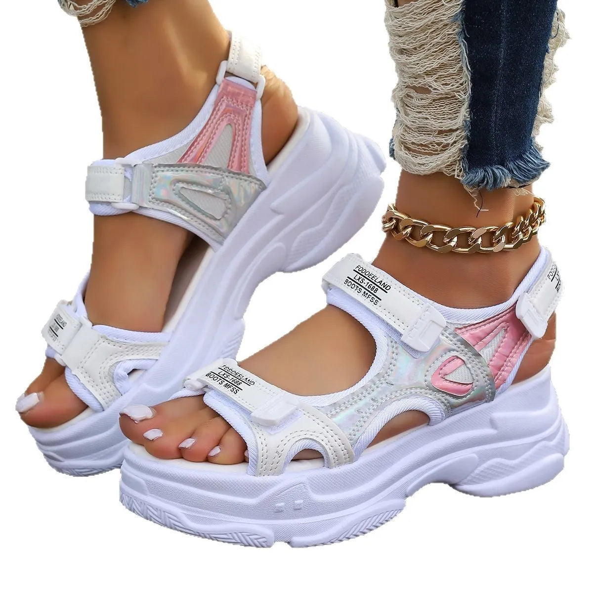 Women's white Roman platform sports sandals with PU upper and rubber sole showing side profile