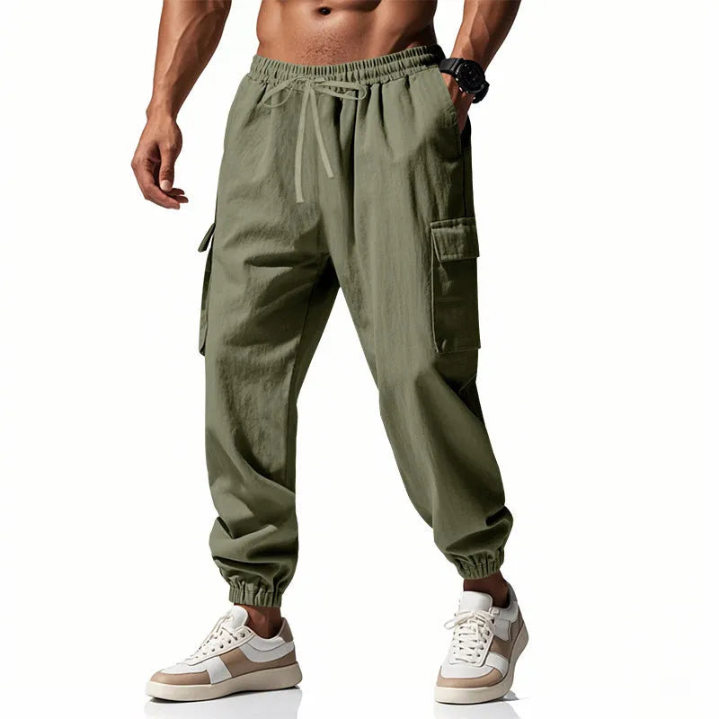 Men's casual ankle-tied linen trousers in Army Green colour showing multi-pocket design