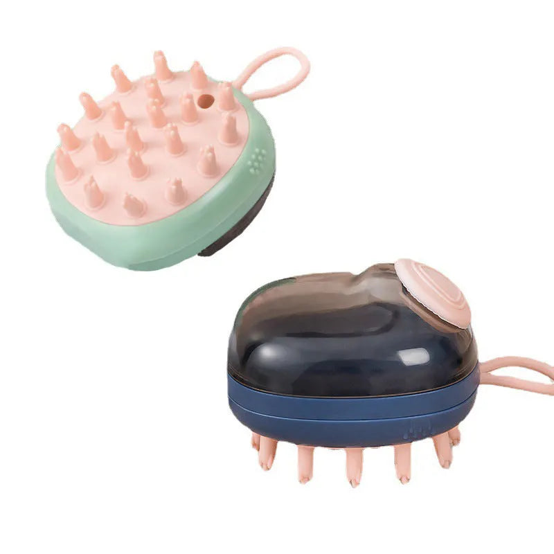 Blue pet grooming brush with soap dispenser and silicone bristles for dogs and cats