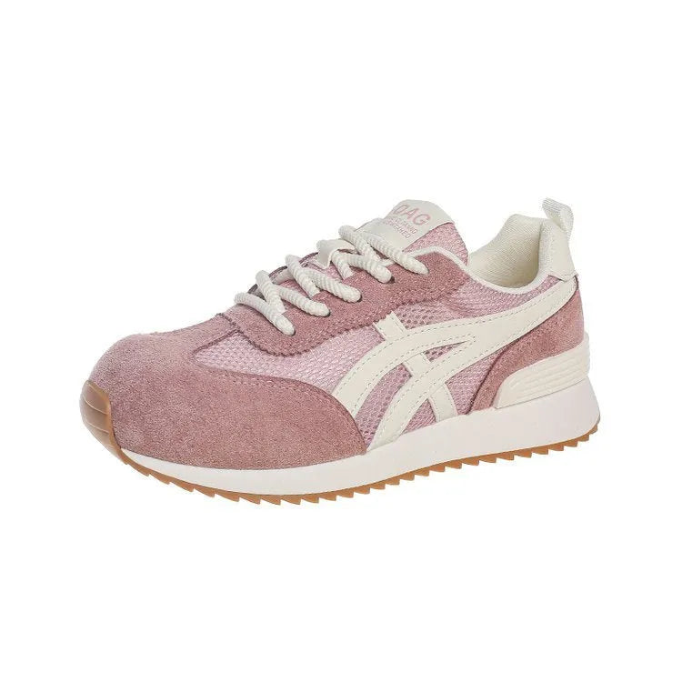 Women's casual lace-up sneakers in pink, white, or yellow with a non-slip sole and cloth lining.