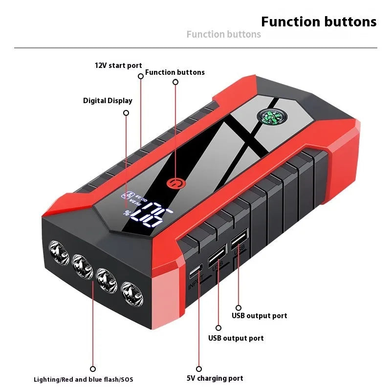 JX29Pro portable car emergency jump starter with 6000mAh battery and 2000A peak current on black background