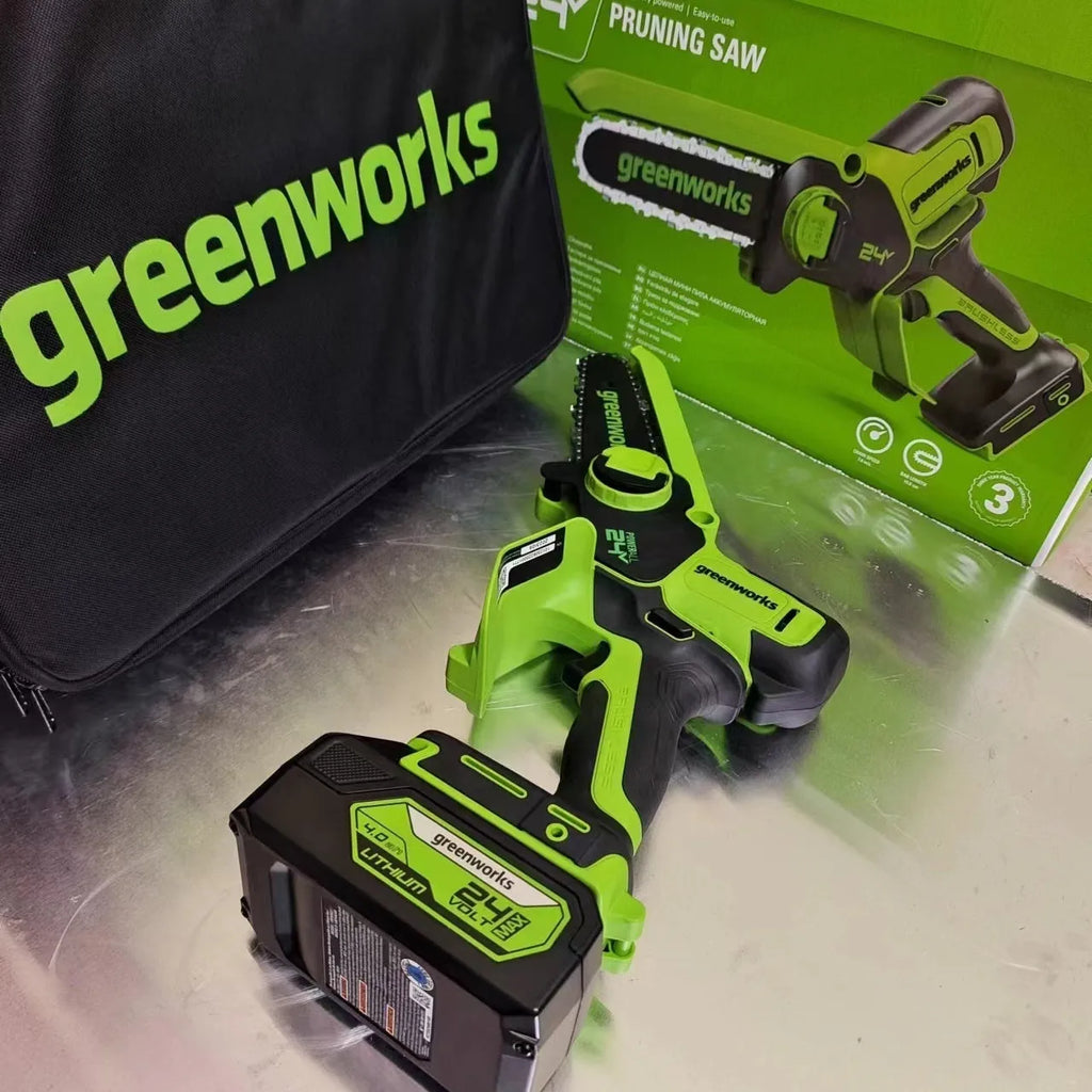 6-inch cordless electric chainsaw with 24V lithium battery, 400W motor, and two batteries