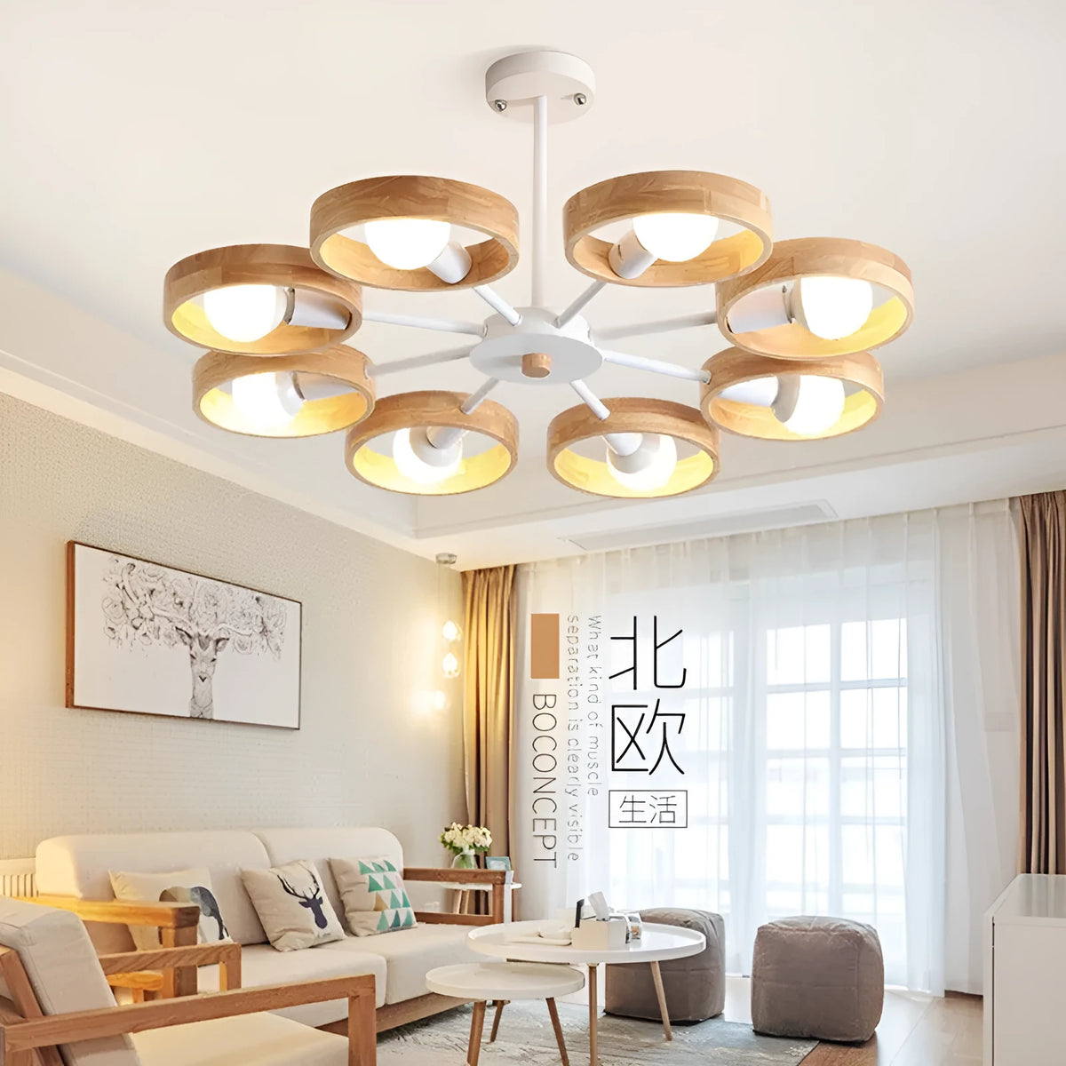 Wooden circle multi-head chandelier ceiling light in black or white with 3, 6, or 8 heads for living room use
