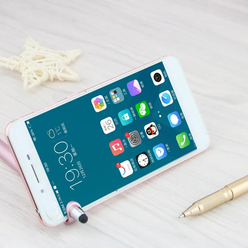 Black and blue multifunctional pen with touchscreen stylus tip and built-in mobile phone holder.