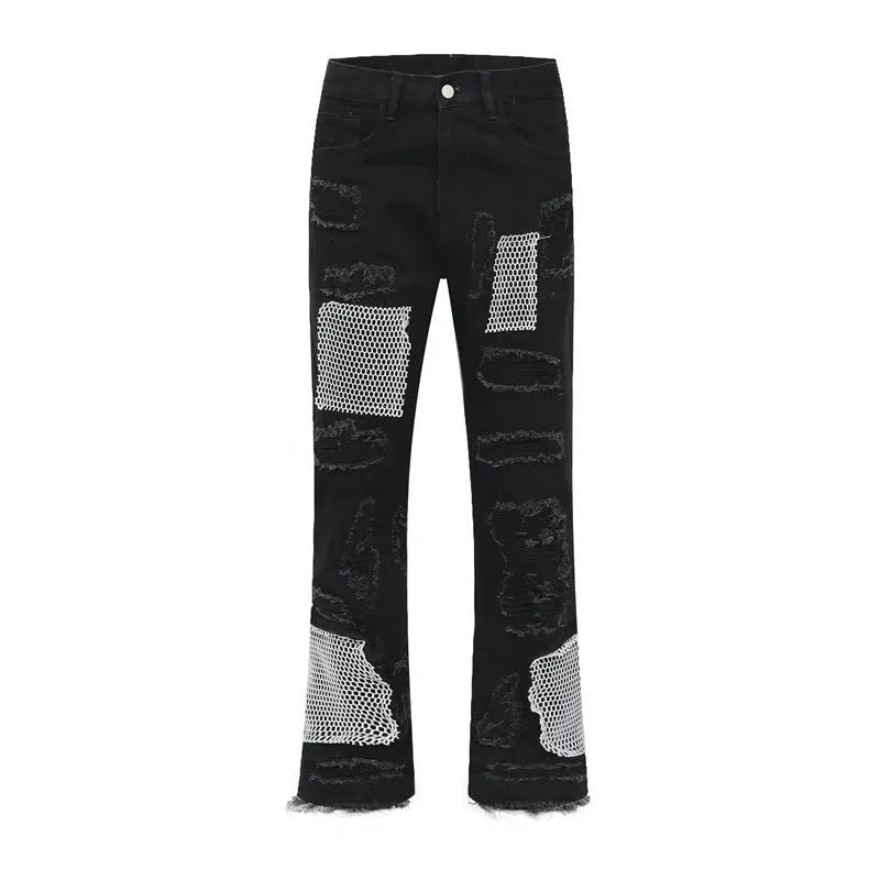 Men's heavy industry hole and patch straight jeans in black or blue, mid waist, cotton, sizes XL 2XL 3XL