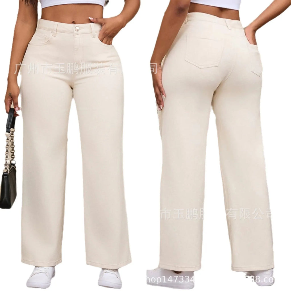 Women's high-waisted straight wide-leg jeans in apricot colour autumn casual trousers