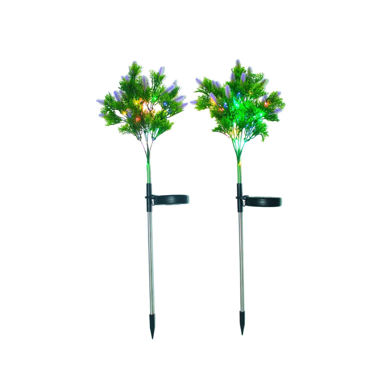 LED solar Christmas tree ground lamp with 15-color LED, 70cm tall, plastic and stainless steel construction, purple or red options