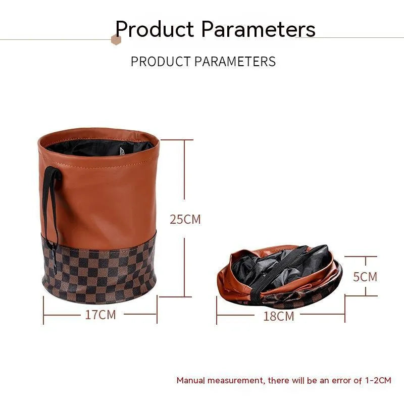 Leather retractable car trash can shown in folding design with carry handle