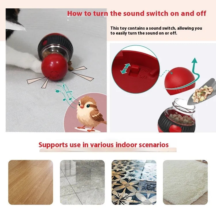 Rotating plastic cat toy with super ball element for treat dispensing and sound play.