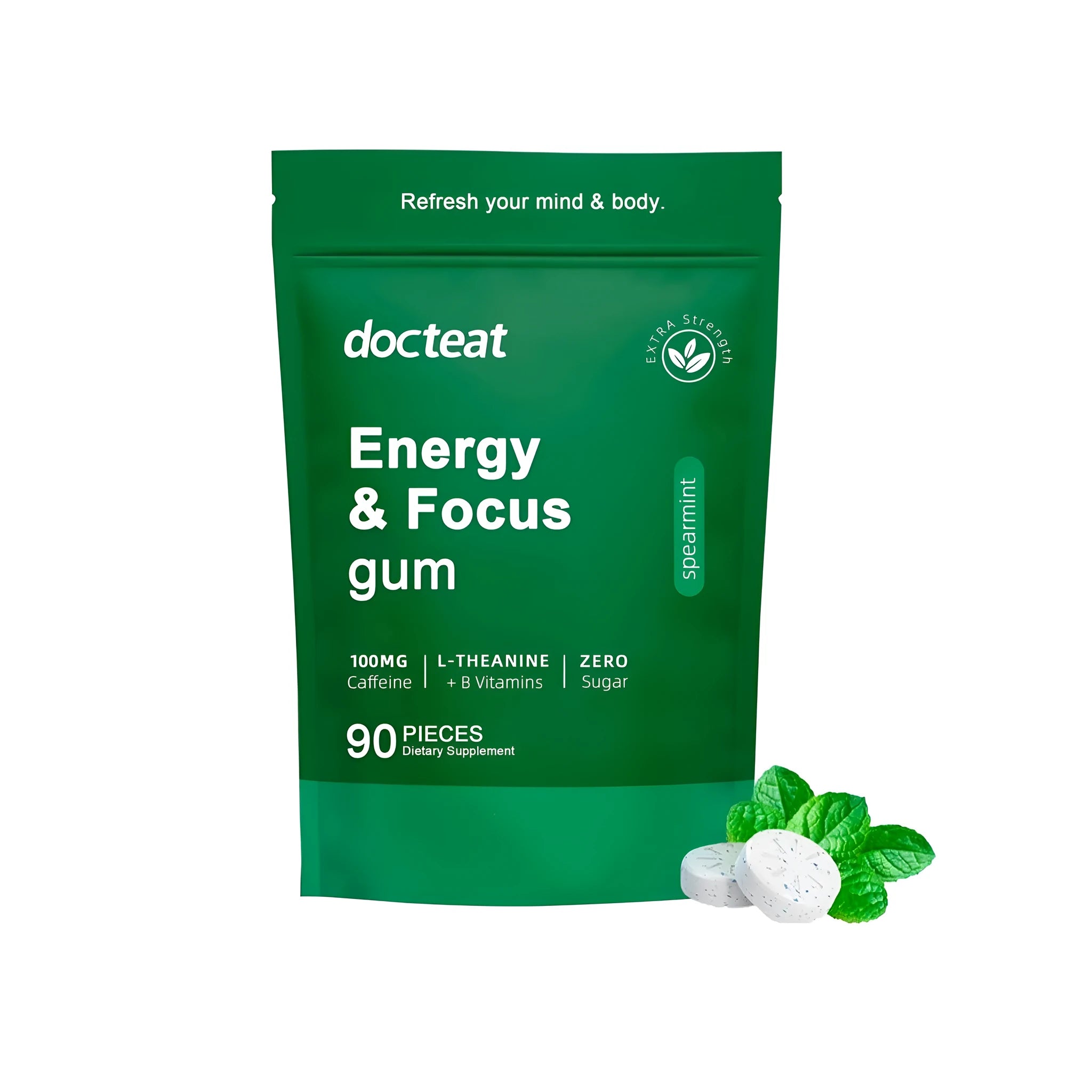 Pack of 90 mint dietary supplement tablets with green coffee beans and L-theanine