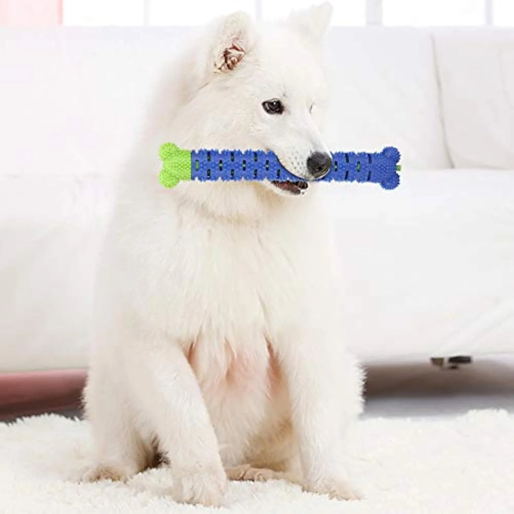 Blue green dog dental cleaning stick with silicone brush head and massage nodules measuring 25cm