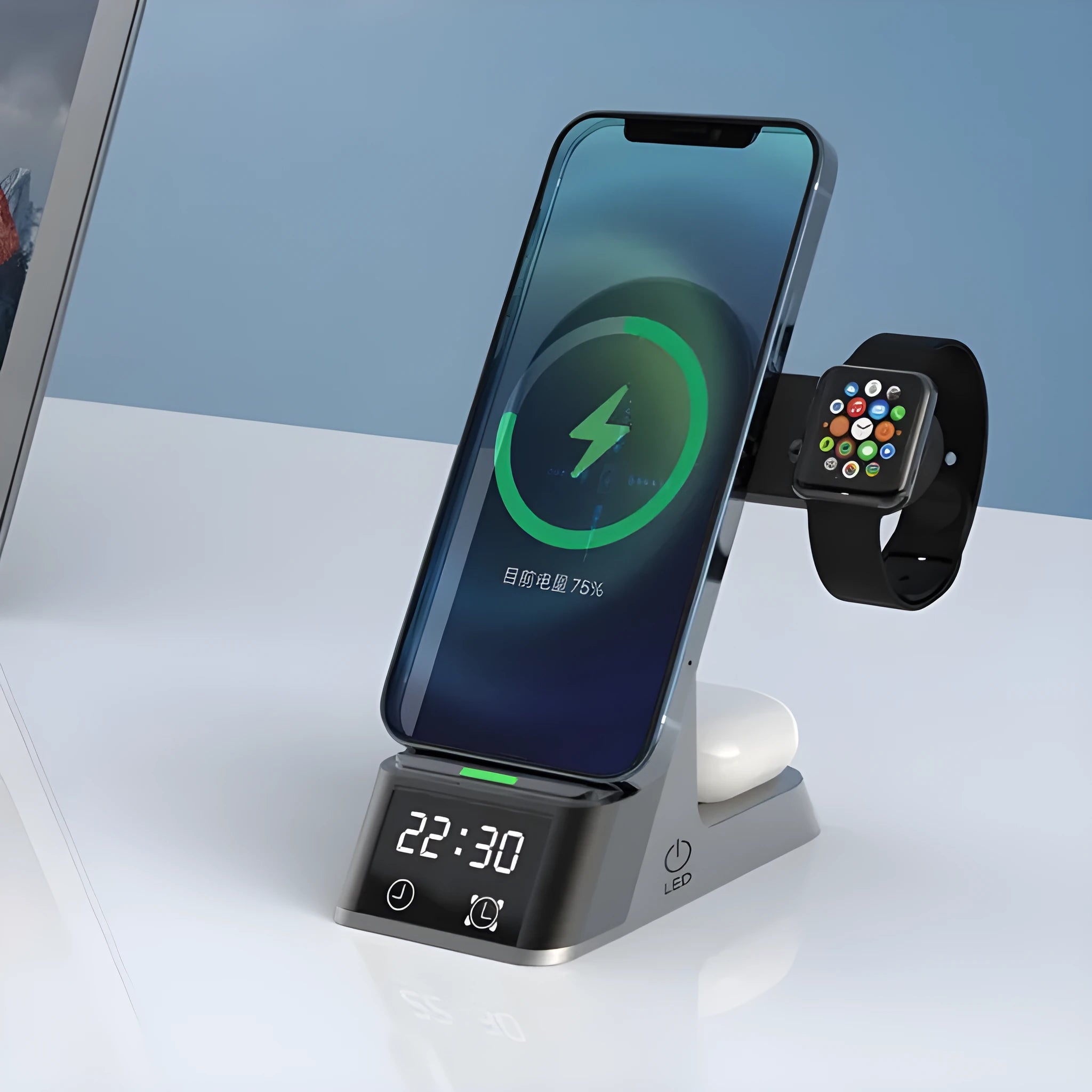 Black multifunctional alarm clock with wireless charging pad, smartwatch dock, and USB port.