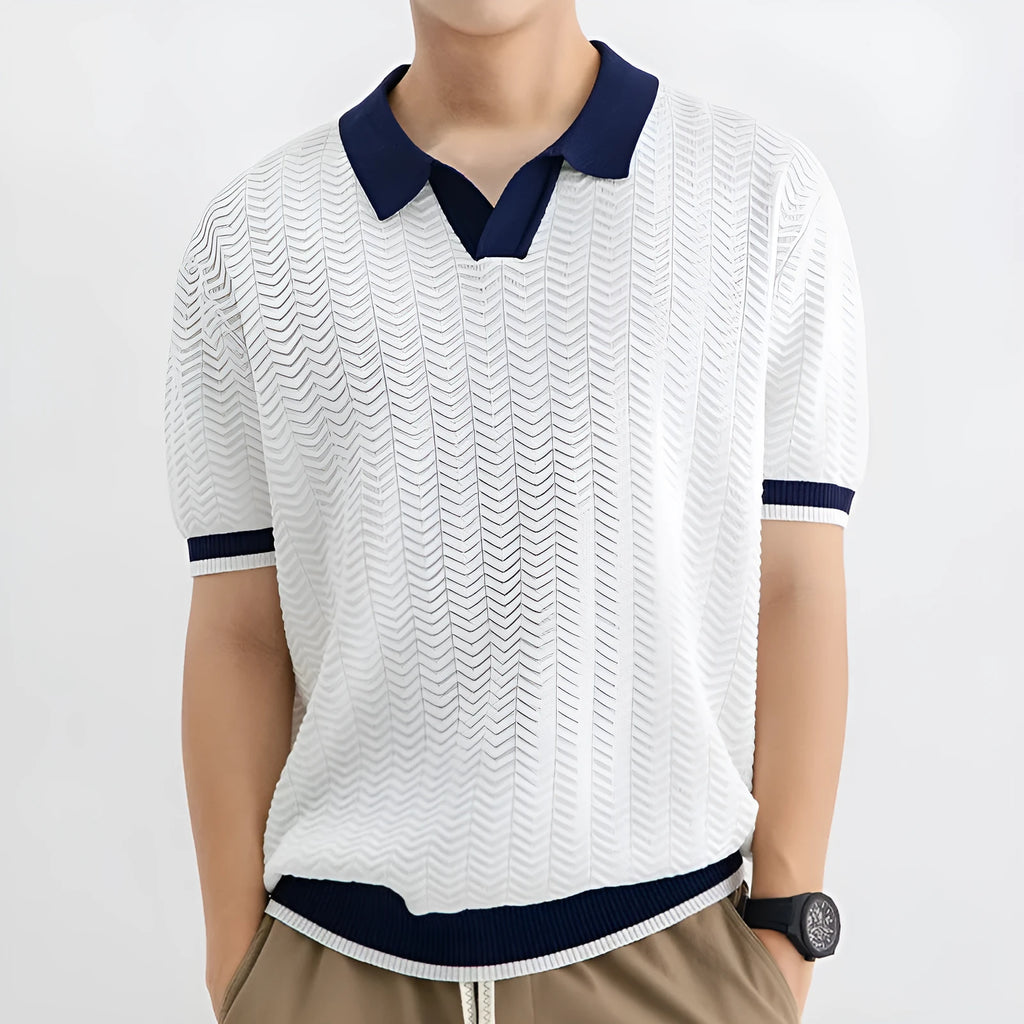 Men's ice silk polo shirt, short sleeve, striped pattern, slit detail, dark green colour, summer casual top