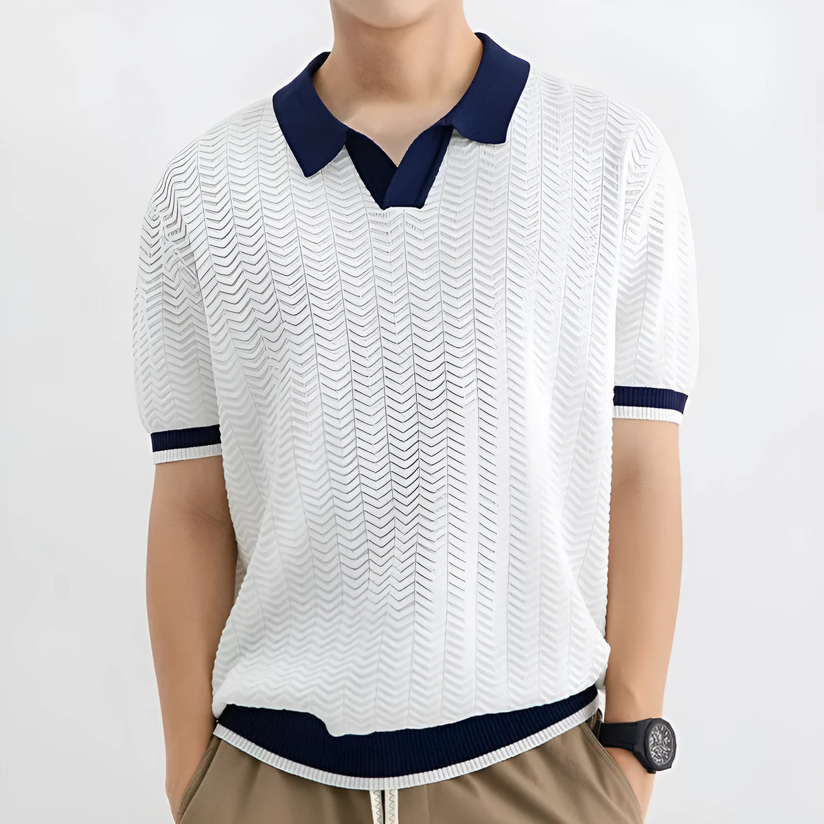 Men's ice silk polo shirt, short sleeve, striped pattern, slit detail, dark green colour, summer casual top