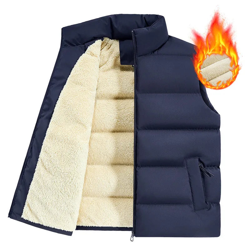 Men's striped lambswool vest in black, dark blue, or red with polyester fibre construction for winter warmth