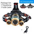 Aluminium alloy rechargeable LED headlamp with adjustable elastic headband shown in use.
