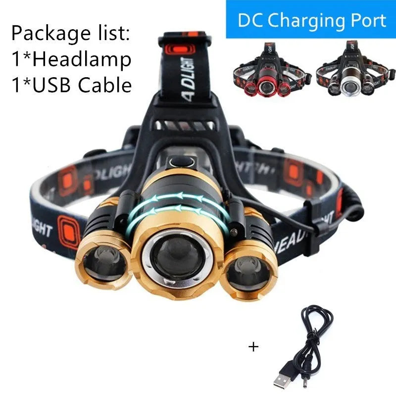 Aluminium alloy rechargeable LED headlamp with adjustable elastic headband shown in use.