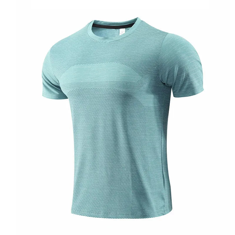 Man's short-sleeved red running T-shirt made from polyester spandex fabric for sports.