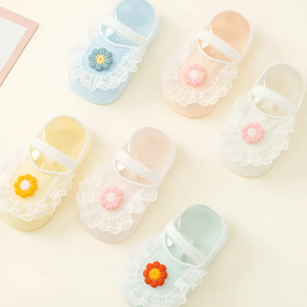 Summer thin cotton baby socks non-slip toddler ankle socks in light blue milky white, light green light pink, light yellow milk powder, 2 pairs boxed.