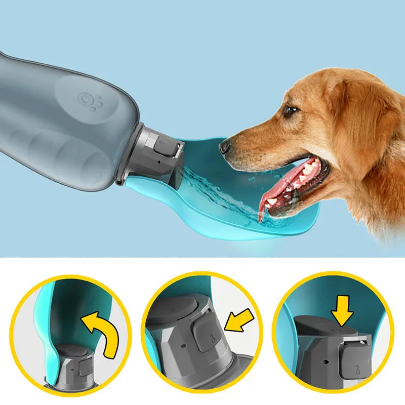 Blue grey portable dog water bottle with foldable drinking bowl showing 800ml capacity markings