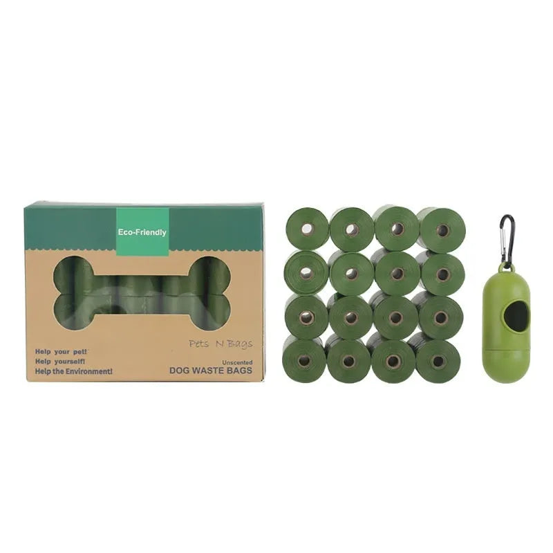 EPI degradable pet waste bags in green, blue, purple, orange, and black colours with dispensers