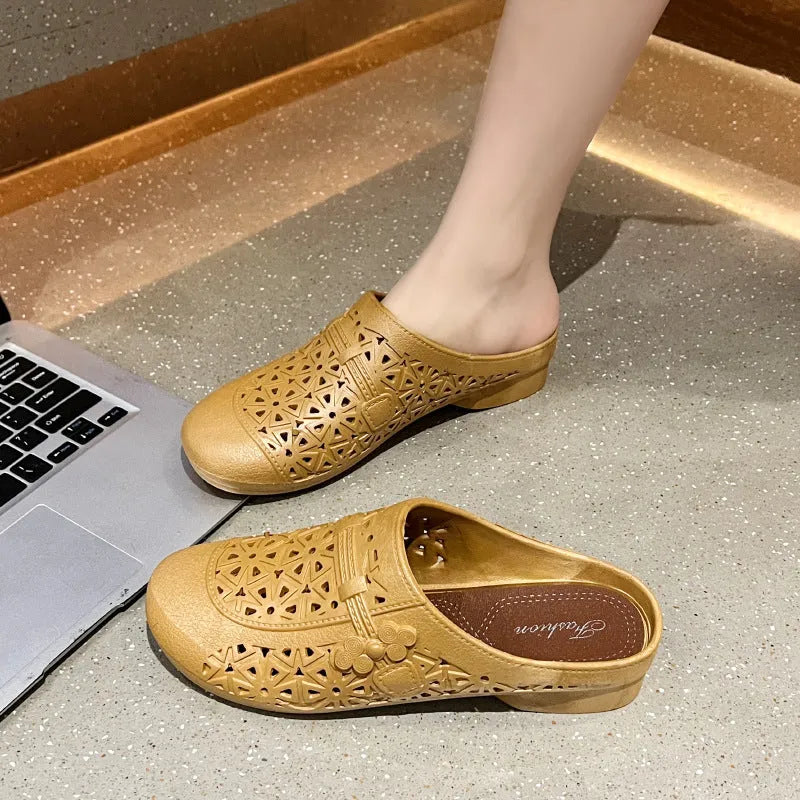 Flat toe box fairy style half slippers in apricot, black, and brown colours with hollow-out design.