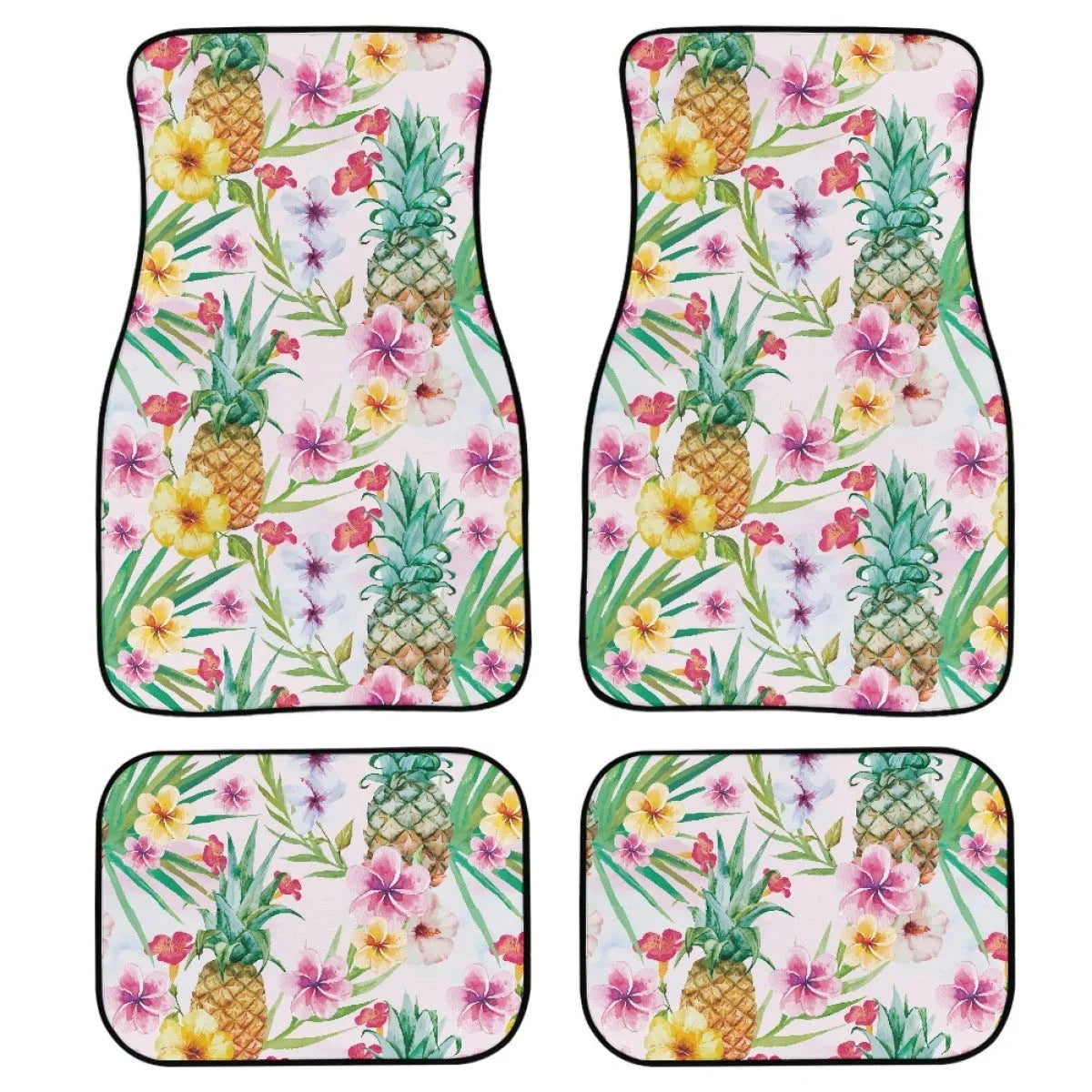 Four-piece set of black printed rubber car floor mats with textured surface.