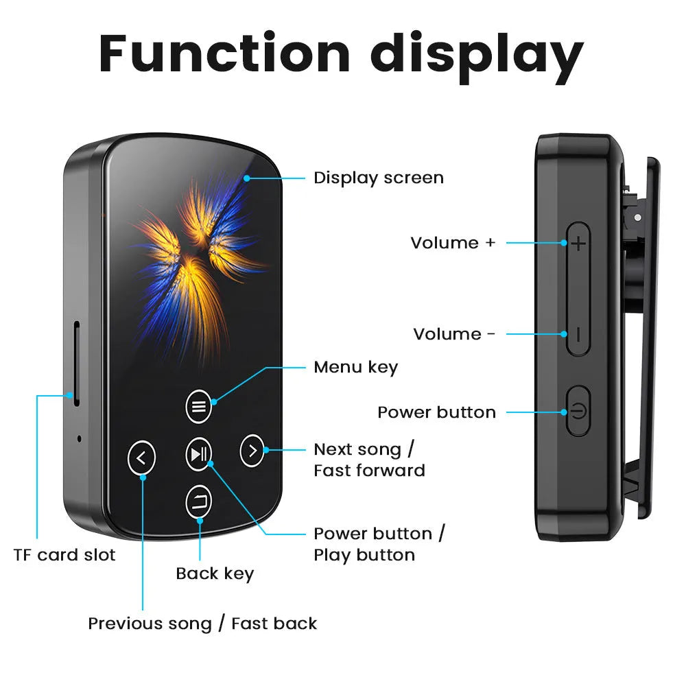 Black Bluetooth music player with 1.5-inch touch screen, FM radio, recording, and e-book functions, 60x35x18mm