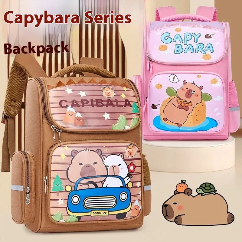 Capabala large capacity primary school bag with cartoon print, waterproof fabric, and air pillow belt in brown, blue, pink, or purple