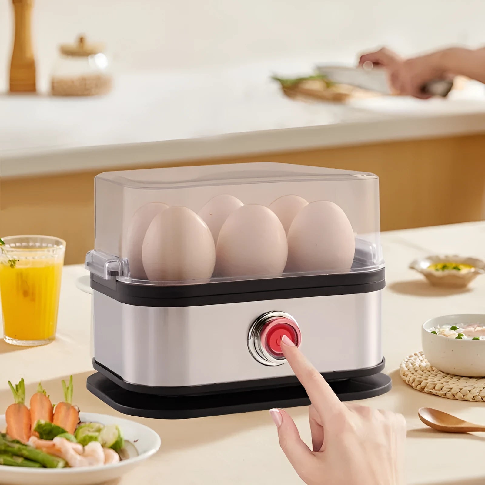 Black portable stainless steel egg boiler with carrying belt for travel and camping use