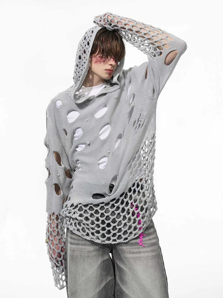 Black men's hooded sweater with pearl decoration, loose fit pullover design