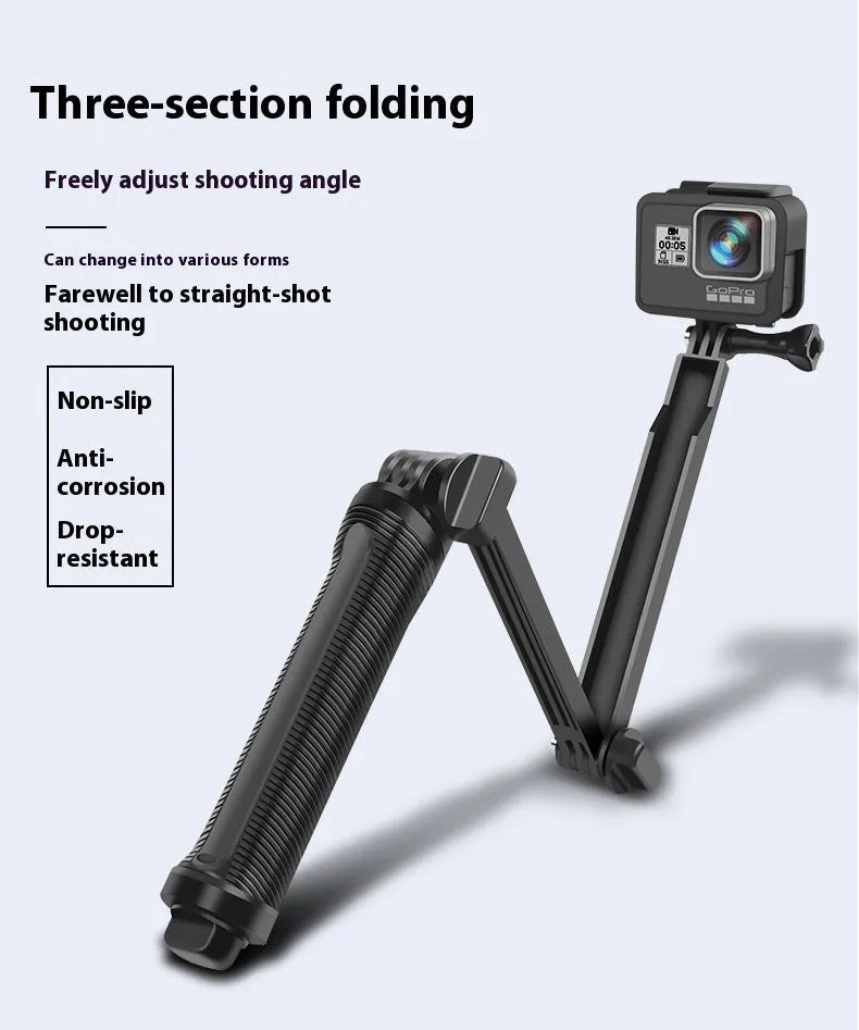 Black folding tripod with GoPro camera bracket shown extended for use and folded for storage