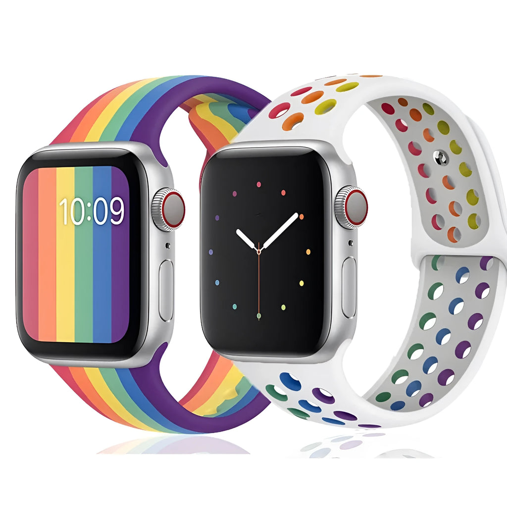 Black silicone sports wristband with a single buckle, shown next to white and rainbow colour options.