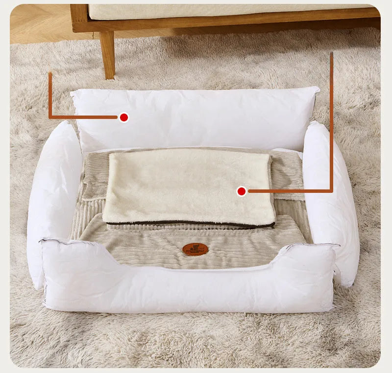 Coffee and white removable washable pet bed for dogs and cats in five sizes from XS to XL.