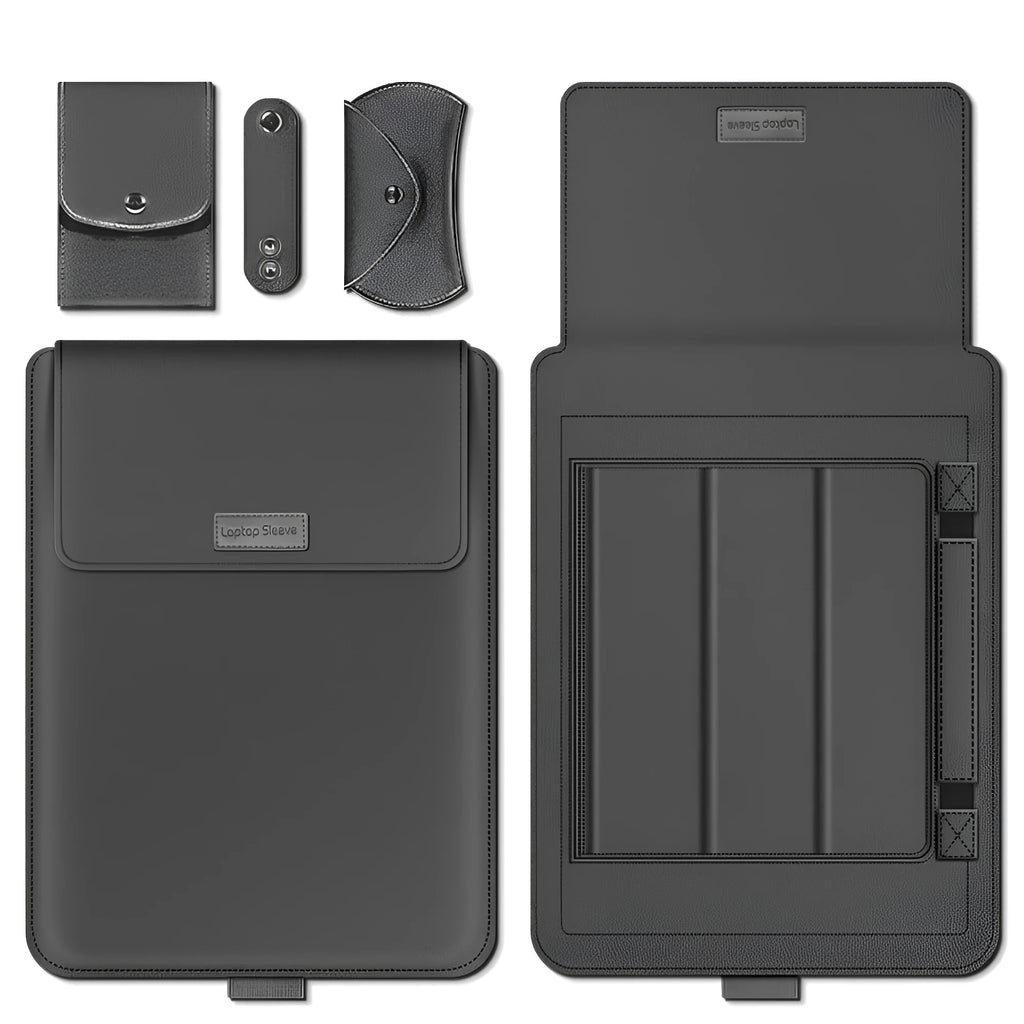 Ultra-thin PU waterproof laptop liner bag with foldable bracket and pen holder in black