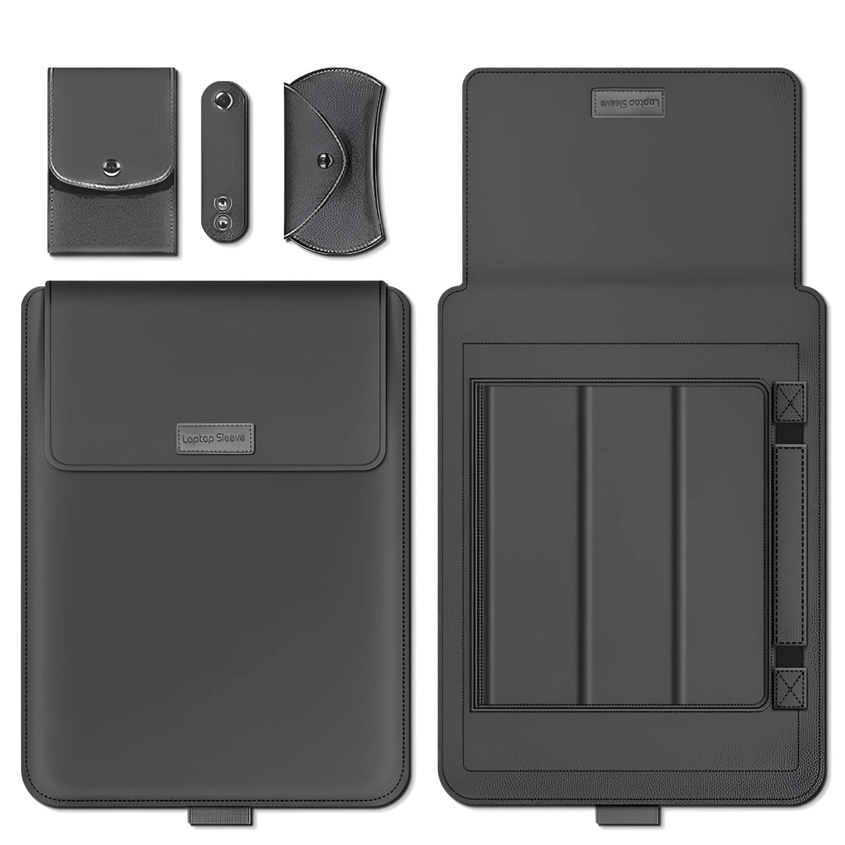 Ultra-thin PU waterproof laptop liner bag with foldable bracket and pen holder in black