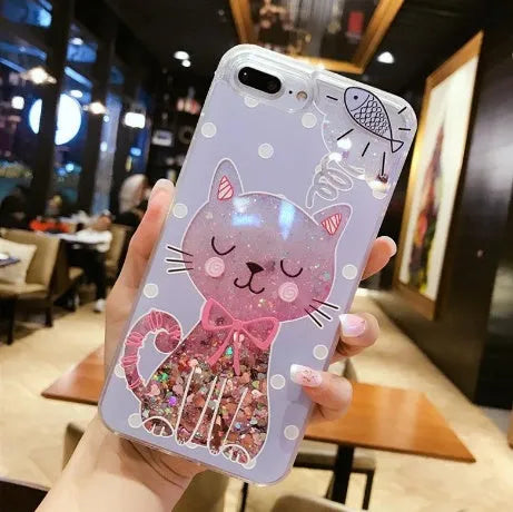 Set of four colourful glitter phone cases featuring cat designs for iPhone models.